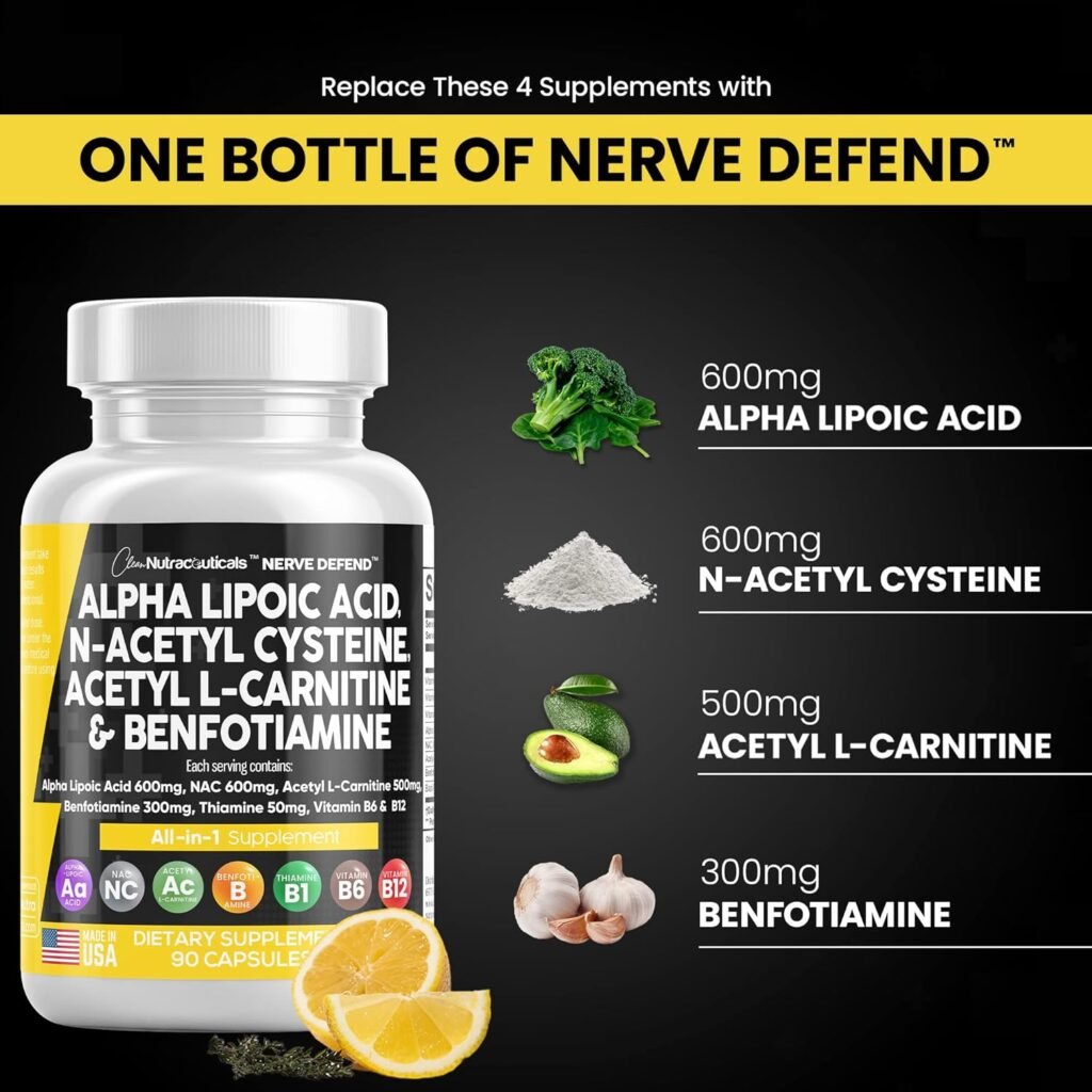 Alpha Lipoic Acid 600mg N-Acetyl Cysteine 600mg Acetyl L-Carnitine 500mg Benfotiamine 300mg - Nerve Support Supplement for Women and Men with Vitamin B1, B6  B12 - Made in USA 90 Caps
