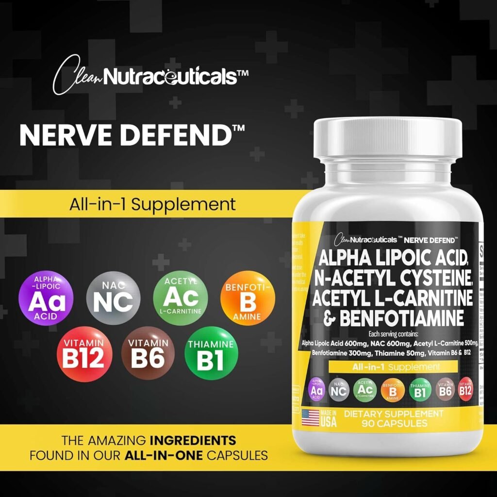Alpha Lipoic Acid 600mg N-Acetyl Cysteine 600mg Acetyl L-Carnitine 500mg Benfotiamine 300mg - Nerve Support Supplement for Women and Men with Vitamin B1, B6  B12 - Made in USA 90 Caps