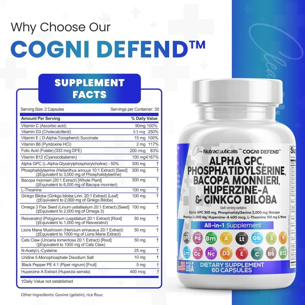 Clean Nutraceuticals Alpha GPC Choline 300mg Phosphatidylserine 3000mg Bacopa Monnieri 6000mg Ginkgo Biloba 2000mg Huperzine A 400mcg Supplement with Urdine Lions Mane Cats Claw NAC Vitamin C B D E