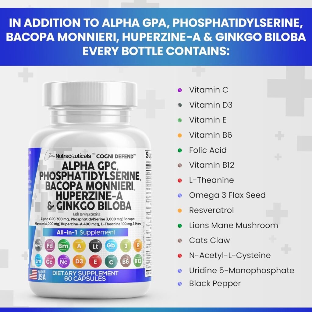 Clean Nutraceuticals Alpha GPC Choline 300mg Phosphatidylserine 3000mg Bacopa Monnieri 6000mg Ginkgo Biloba 2000mg Huperzine A 400mcg Supplement with Urdine Lions Mane Cats Claw NAC Vitamin C B D E