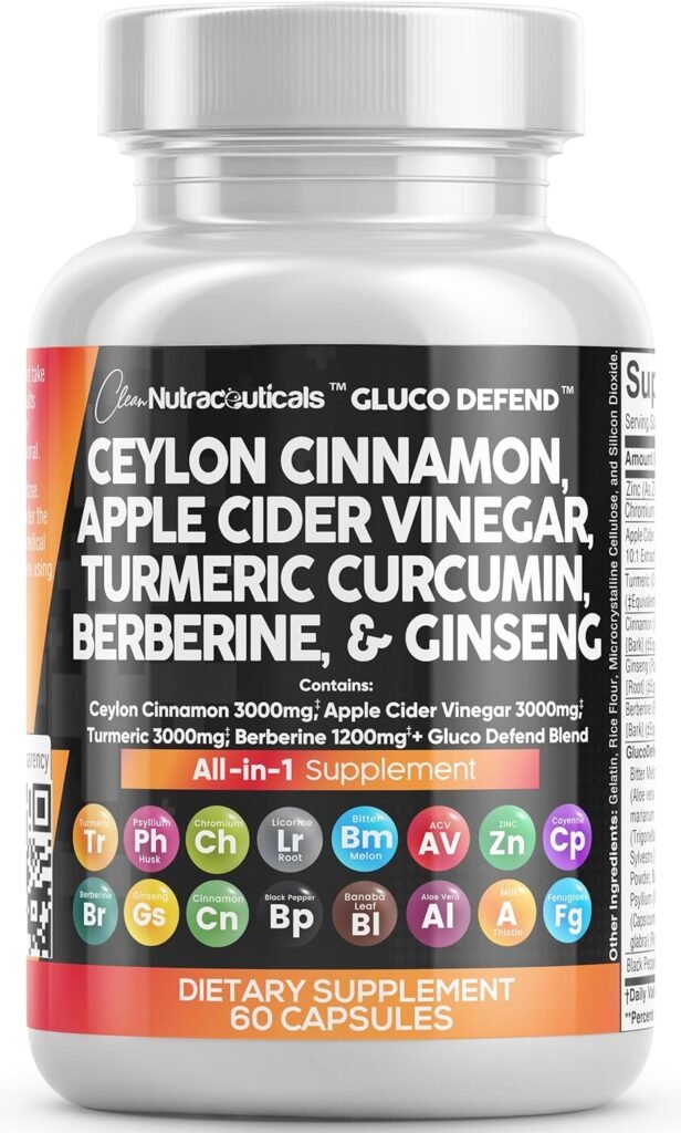 Clean Nutraceuticals Ceylon Cinnamon 3000mg Turmeric 3000mg Apple Cider Vinegar 3000mg Ginseng 2000mg Berberine 1200mg Plus Bitter Melon Gymnema Milk Thistle Fenugreek