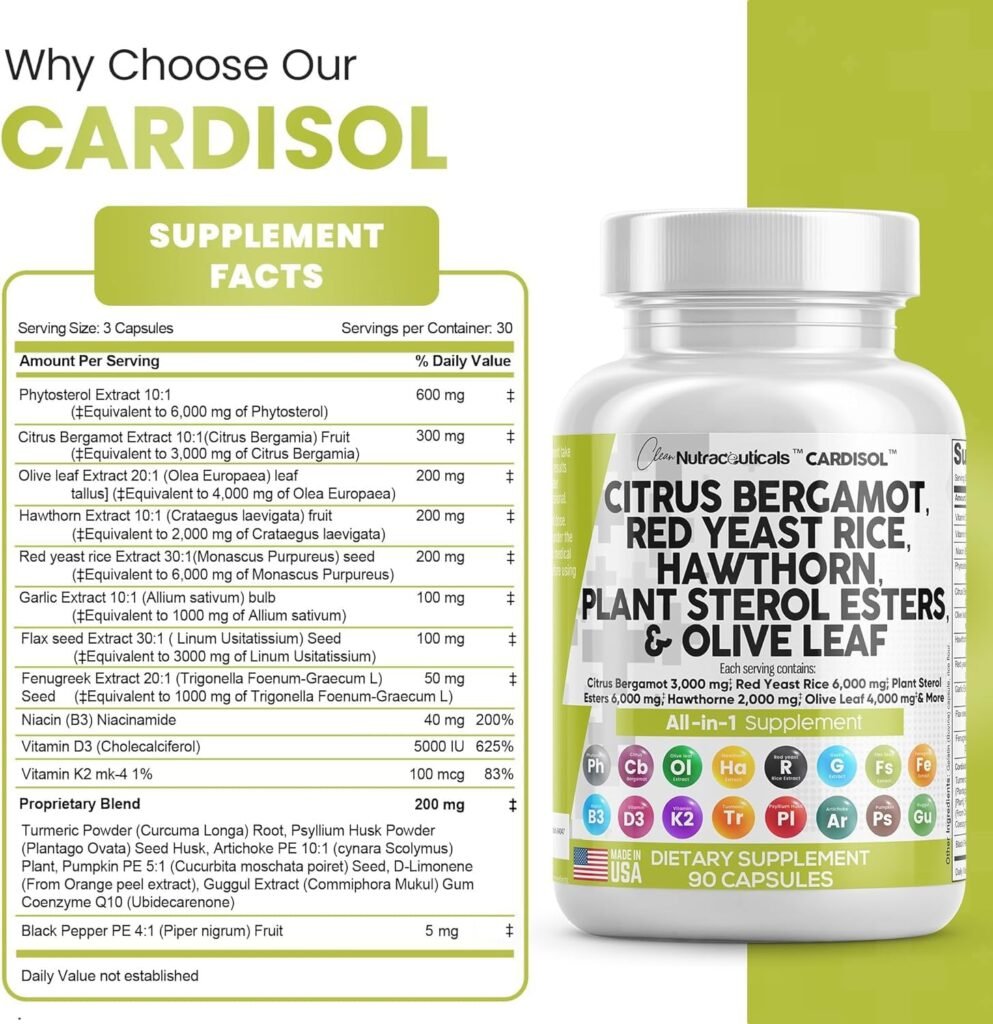 Clean Nutraceuticals Citrus Bergamot 3000mg Red Yeast Rice 6000mg Capsules with Plant Sterols 6000mg - with Hawthorn Extract Olive Leaf Niacin Vitamin K3 D3 COQ10 Guggul  More - USA Made