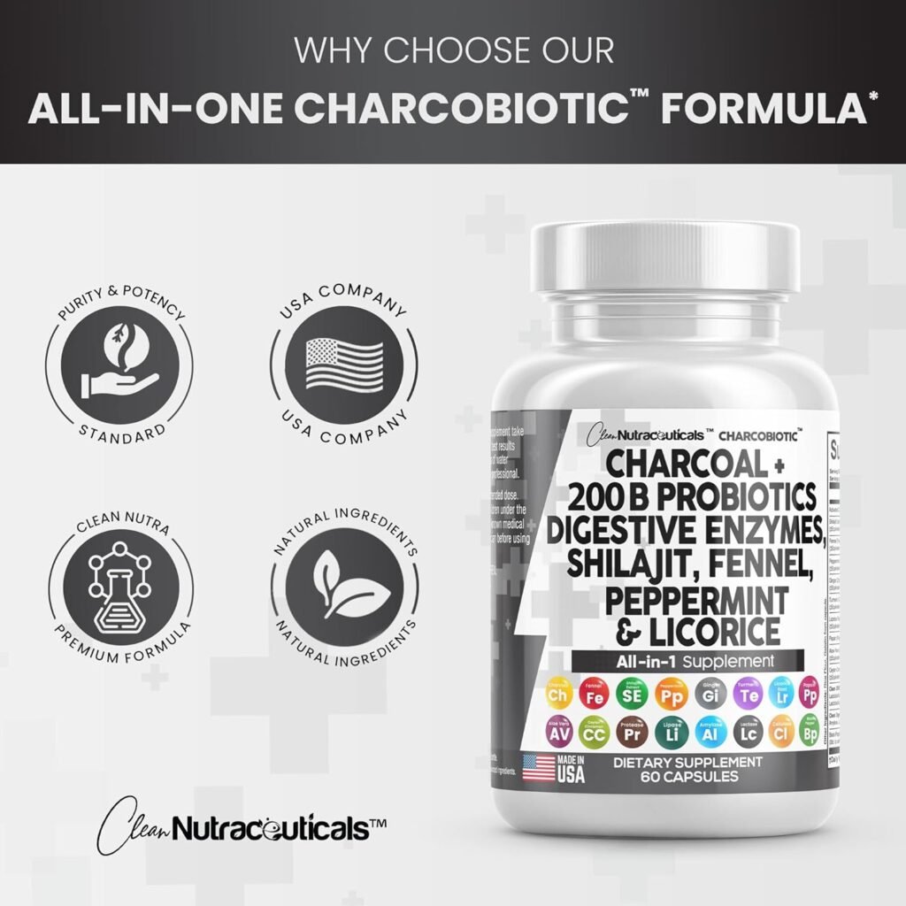 Clean Nutraceuticals Clean Nutra Activated Charcoal Capsules 1000mg Shilajit 5000mg Pills Probiotic 200 Billion + Digestive Enzymes for Digestive Health with Fennel Licorice Papain Ginger Turmeric
