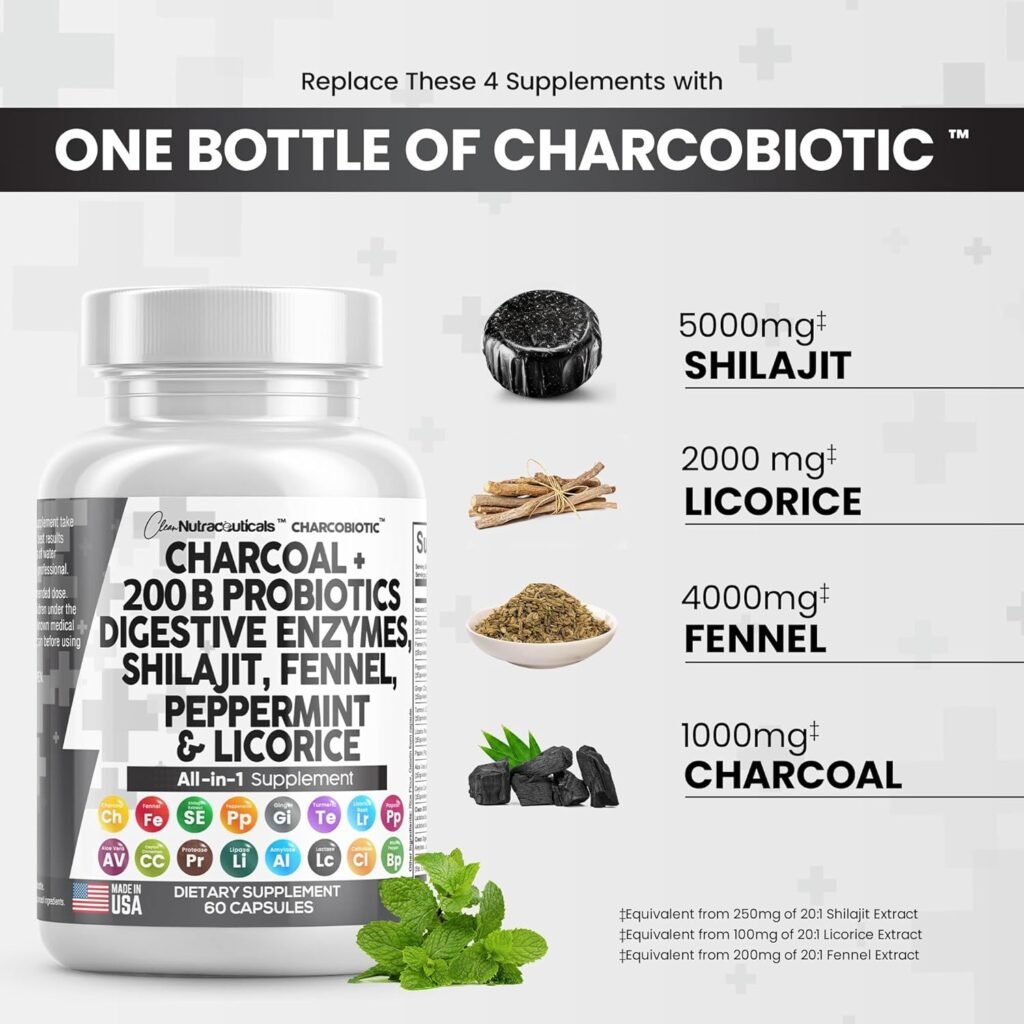Clean Nutraceuticals Clean Nutra Activated Charcoal Capsules 1000mg Shilajit 5000mg Pills Probiotic 200 Billion + Digestive Enzymes for Digestive Health with Fennel Licorice Papain Ginger Turmeric