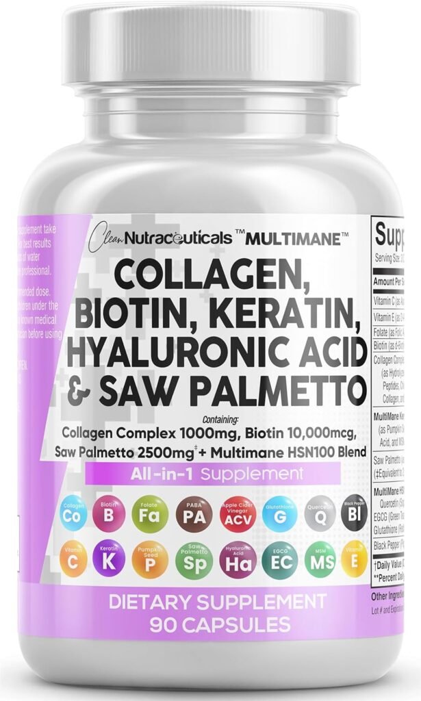 Clean Nutraceuticals Collagen Pills 1000mg Biotin 10000mcg Keratin Saw Palmetto 2500mg Hyaluronic Acid - Hair Skin Nails Vitamins DHT Blocker with Vitamin E Folic Acid Pumpkin Seed MSM - 90 Count