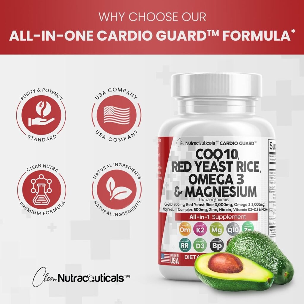 Clean Nutraceuticals COQ10 200mg Red Yeast Rice 3000mg Omega 3 3000mg Magnesium Complex 500mg Niacin Zinc Vitamin K2 D3 B3- Heart Health Support Vitamins for Women  Men with Coenzyme Q10-60 Ct