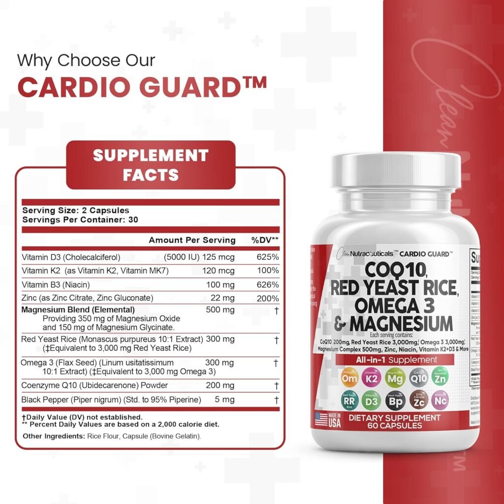 Clean Nutraceuticals COQ10 200mg Red Yeast Rice 3000mg Omega 3 3000mg Magnesium Complex 500mg Niacin Zinc Vitamin K2 D3 B3- Heart Health Support Vitamins for Women  Men with Coenzyme Q10-60 Ct