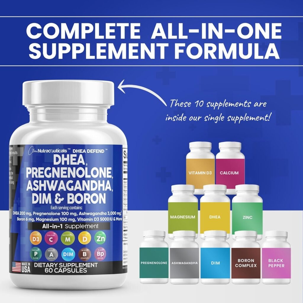 Clean Nutraceuticals DHEA 200mg Supplement Pregnenolone 100mg for Men  Women with DIM Ashwagandha 3000mg Boron 6mg Complex Calcium Magnesium Zinc 50mg Vitamin D3 5000 iu Hormone Support Pills - 60 Ct