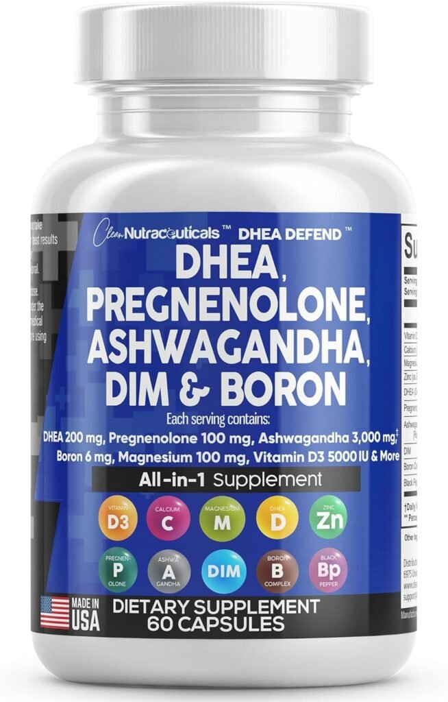 Clean Nutraceuticals DHEA 200mg Supplement Pregnenolone 100mg for Men  Women with DIM Ashwagandha 3000mg Boron 6mg Complex Calcium Magnesium Zinc 50mg Vitamin D3 5000 iu Hormone Support Pills - 60 Ct