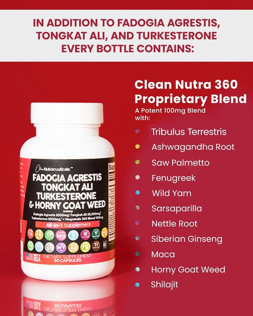 Clean Nutraceuticals Fadogia Agrestis 5000mg Tongkat Ali 25000mg Turkesterone 5000mg Supplement with Horny Goat Weed, Maca Root, Siberian Ginseng, Tribulus Terrestris, Wild Yam USA - 60 Count