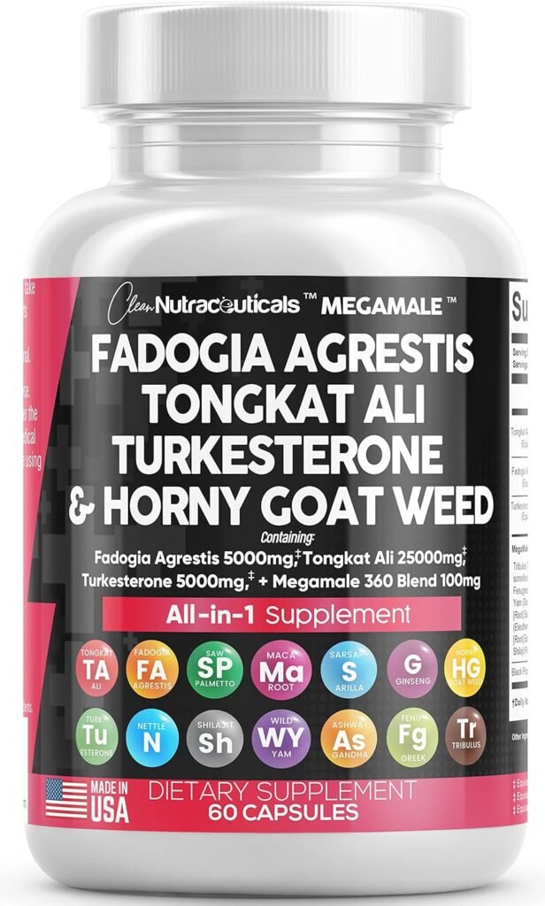 Clean Nutraceuticals Fadogia Agrestis 5000mg Tongkat Ali 25000mg Turkesterone 5000mg Supplement with Horny Goat Weed, Maca Root, Siberian Ginseng, Tribulus Terrestris, Wild Yam USA - 60 Count