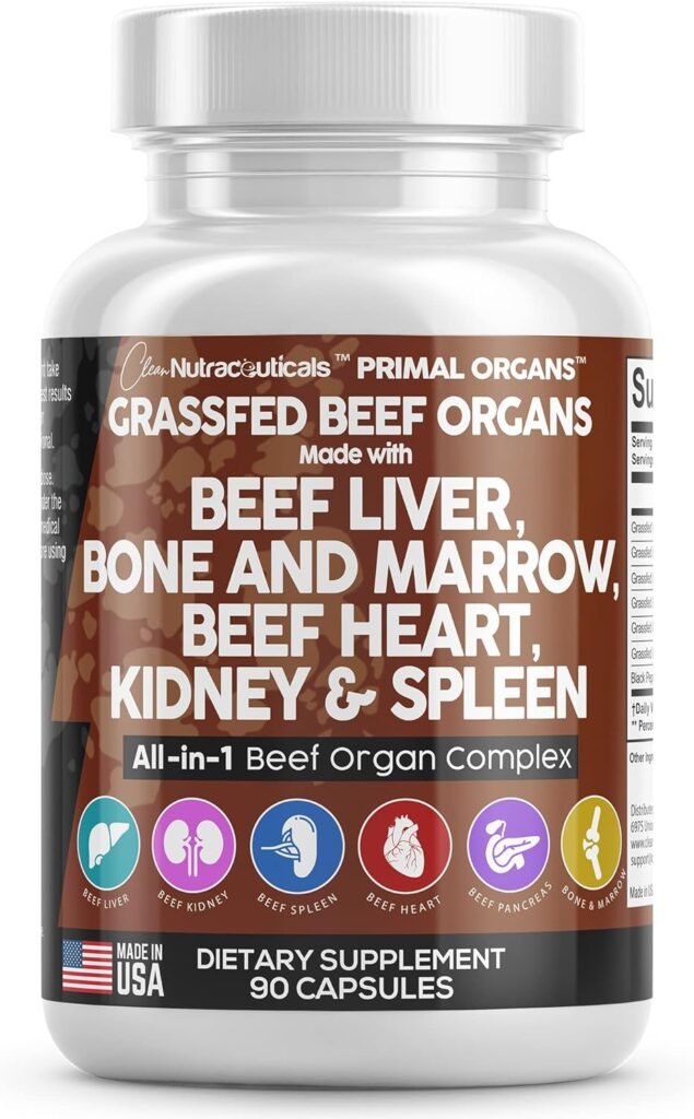 Clean Nutraceuticals Grass Fed Beef Liver Capsules 3000mg - Premium Quality Supplement Packed with Desiccated, Beef Heart, Beef Spleen, Beef Pancreas Plus Bone  Marrow Dao Enzyme Pills - USA Made