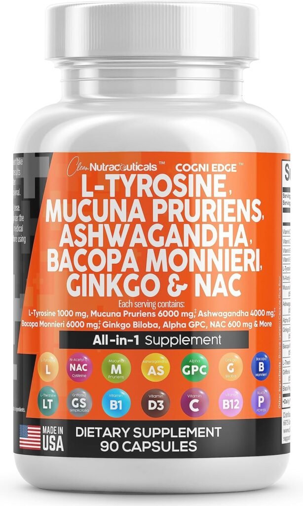 Clean Nutraceuticals L Tyrosine 1000mg Mucuna Pruriens 6000mg Bacopa Monnieri 500mg Ashwagandha 4000mg Focus Supplement w/N-Acetyl Cysteine 600mg NAC 5-HTP Ginkgo Biloba Alpha GPC Vitamin C D B1 B12