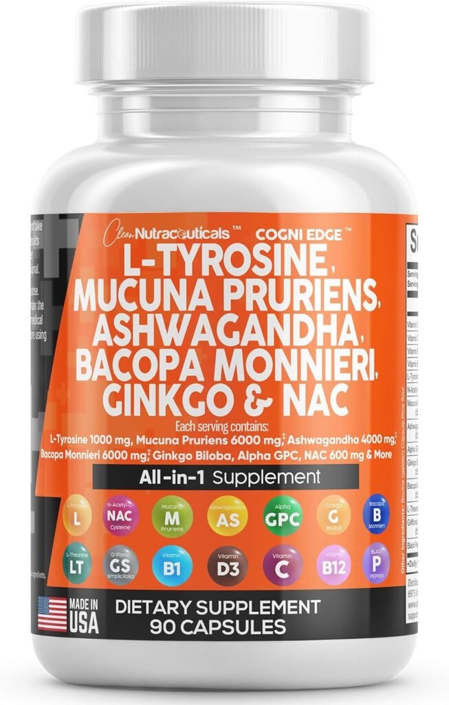 Clean Nutraceuticals L Tyrosine 1000mg Mucuna Pruriens 6000mg Bacopa Monnieri 500mg Ashwagandha 4000mg Focus Supplement w/N-Acetyl Cysteine 600mg NAC 5-HTP Ginkgo Biloba Alpha GPC Vitamin C D B1 B12