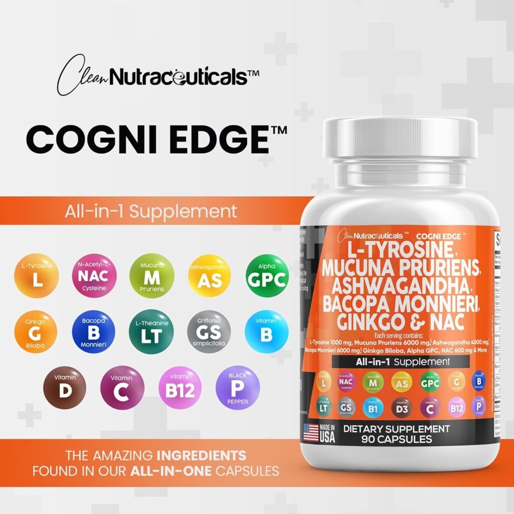 Clean Nutraceuticals L Tyrosine 1000mg Mucuna Pruriens 6000mg Bacopa Monnieri 500mg Ashwagandha 4000mg Focus Supplement w/N-Acetyl Cysteine 600mg NAC 5-HTP Ginkgo Biloba Alpha GPC Vitamin C D B1 B12