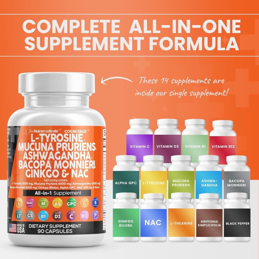 Clean Nutraceuticals L Tyrosine 1000mg Mucuna Pruriens 6000mg Bacopa Monnieri 500mg Ashwagandha 4000mg Focus Supplement w/N-Acetyl Cysteine 600mg NAC 5-HTP Ginkgo Biloba Alpha GPC Vitamin C D B1 B12