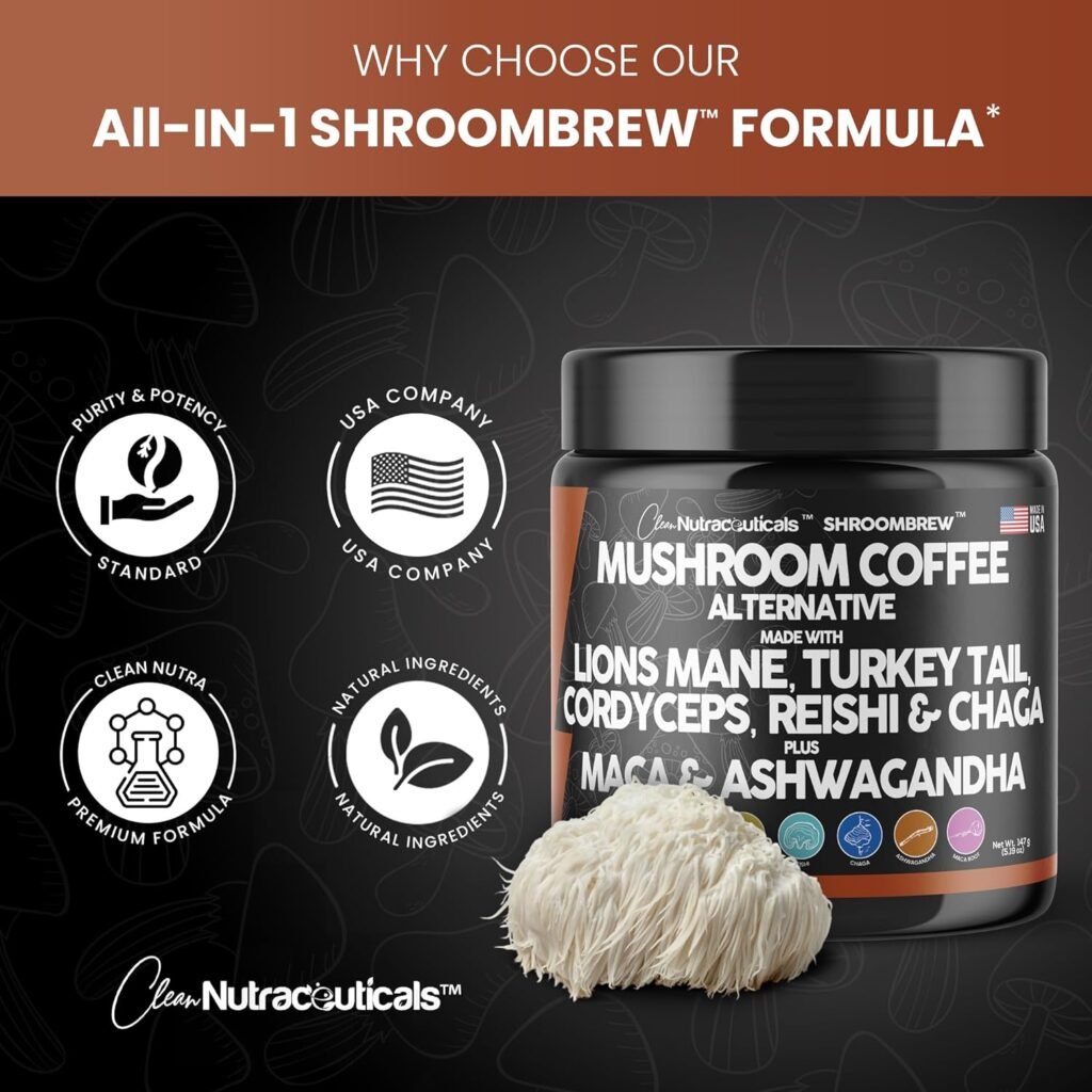 Clean Nutraceuticals Mushroom Coffee Alternative Mix - Maca Coffee with Lions Mane Mushroom, Cordyceps  Ashwagandha - Cacao Based with Maca Root, Turkey Tail, Chaga  Reishi Mushroom - USA Made