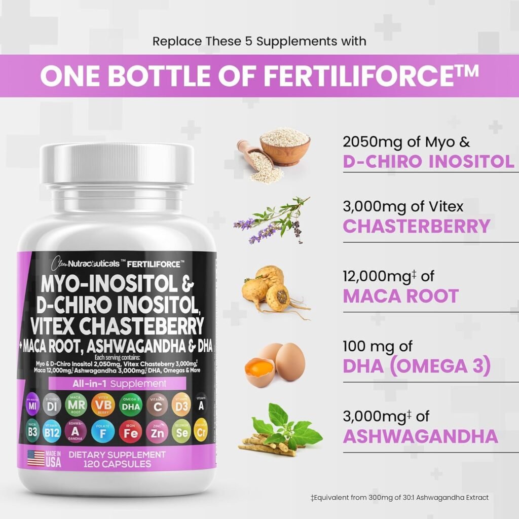 Clean Nutraceuticals Myo-Inositol  D-Chiro Inositol 2050mg Fertility Supplement 40:1 Ratio - Prenatal Vitamins for Women with Ashwagandha 3000mg Maca Root 12,000mg Vitex Chasteberry Iron Folic Acid