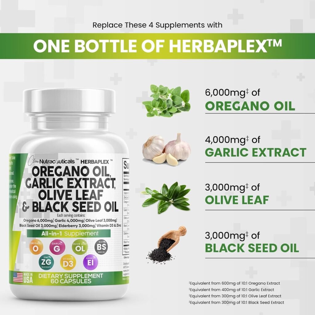 Clean Nutraceuticals Oregano Oil 6000mg Garlic Extract 4000mg Olive Leaf 3000mg Black Seed Oil 3000mg - Immune Support  Digestive Health Supplement for Women  Men with Vitamin D3  Zinc - 60 Caps