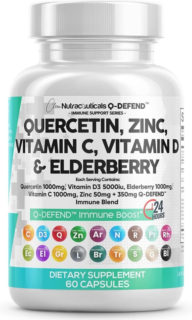 Clean Nutraceuticals Quercetin 1000mg Zinc 50mg Vitamin C 1000mg Vitamin D 5000 IU Bromelain Elderberry - Lung Immune Defense Support Supplement Adults with Artemisinin, Garlic Immunity Allergy Relief