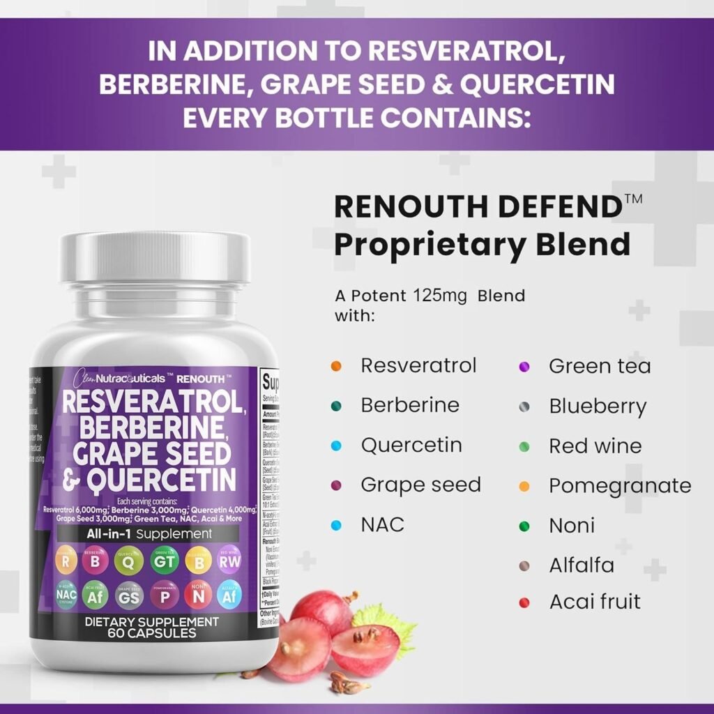 Clean Nutraceuticals Resveratrol 6000mg Berberine 3000mg Grape Seed Extract 3000mg Quercetin 4000mg Green Tea Extract - Polyphenol Supplement for Women  Men with N-Acetyl Cystein - 60 Capsules