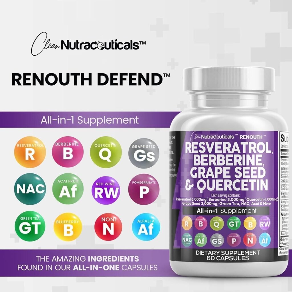 Clean Nutraceuticals Resveratrol 6000mg Berberine 3000mg Grape Seed Extract 3000mg Quercetin 4000mg Green Tea Extract - Polyphenol Supplement for Women  Men with N-Acetyl Cystein - 60 Capsules