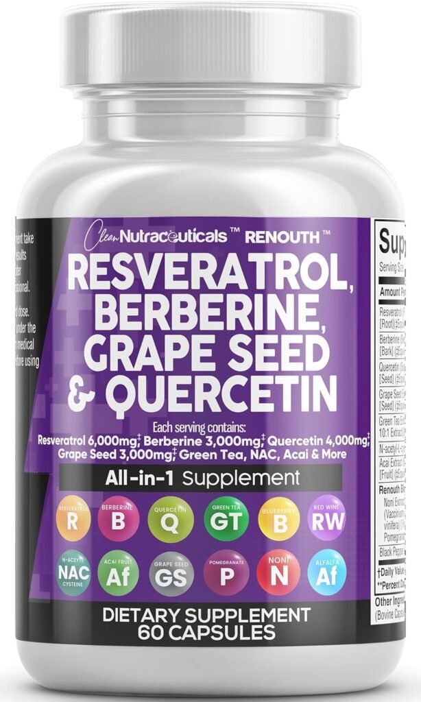 Clean Nutraceuticals Resveratrol 6000mg Berberine 3000mg Grape Seed Extract 3000mg Quercetin 4000mg Green Tea Extract - Polyphenol Supplement for Women  Men with N-Acetyl Cystein - 60 Capsules