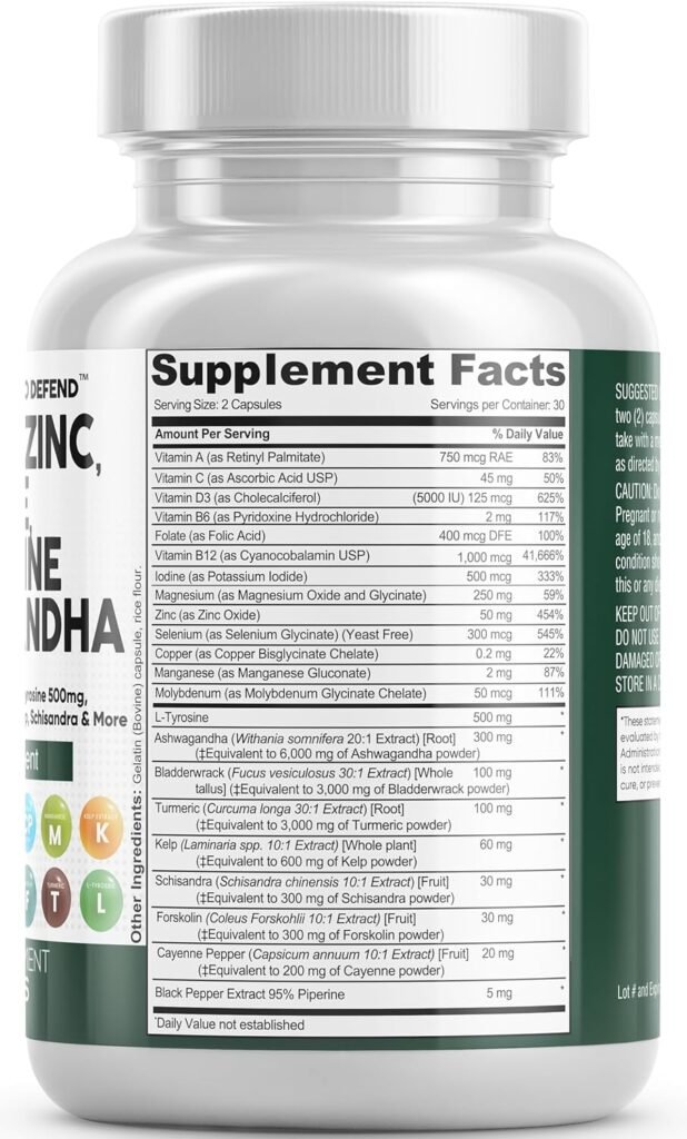 Clean Nutraceuticals Selenium 300mcg Zinc 50mg Iodine 500mcg L Tyrosine 500mg Ashwagandha 6000mg, Thyroid Support Supplement for Women  Men with Bladderwrack, Turmeric, Kelp, Schisandra - 60 Capsules