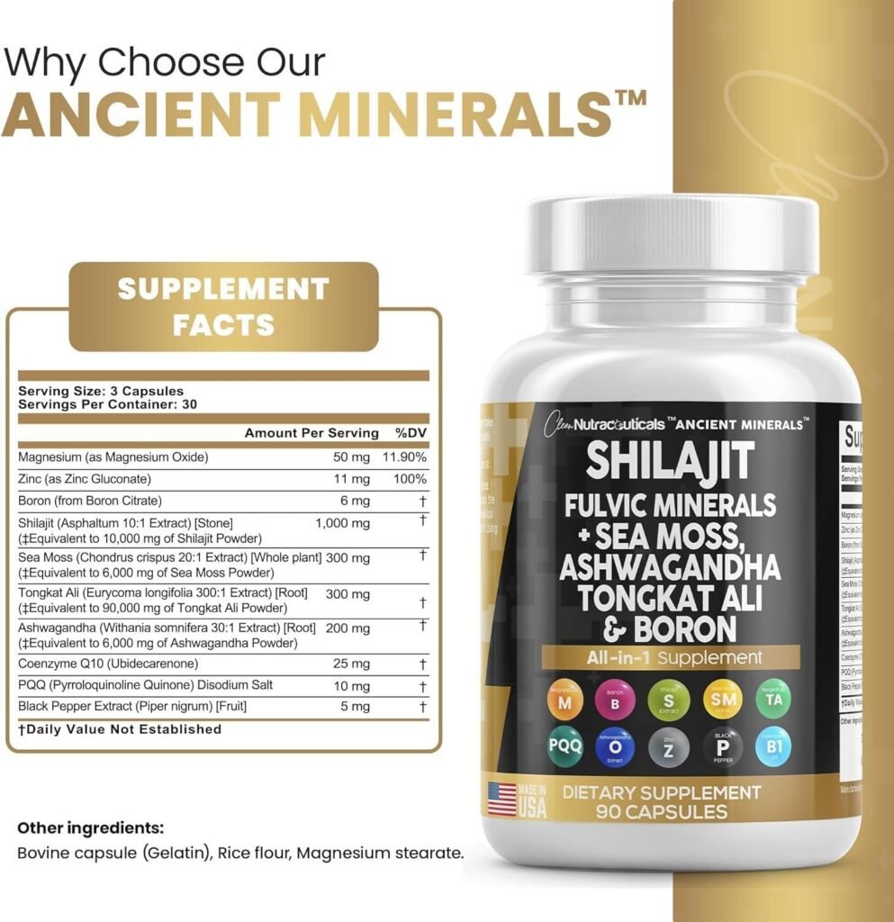Clean Nutraceuticals Shilajit Supplement 10,000mg with Sea Moss 6000mg, Ashwagandha 6000mg, Tongkat Ali, Boron, Magnesium - Fulvic Acid Capsules for Men - 90 Count