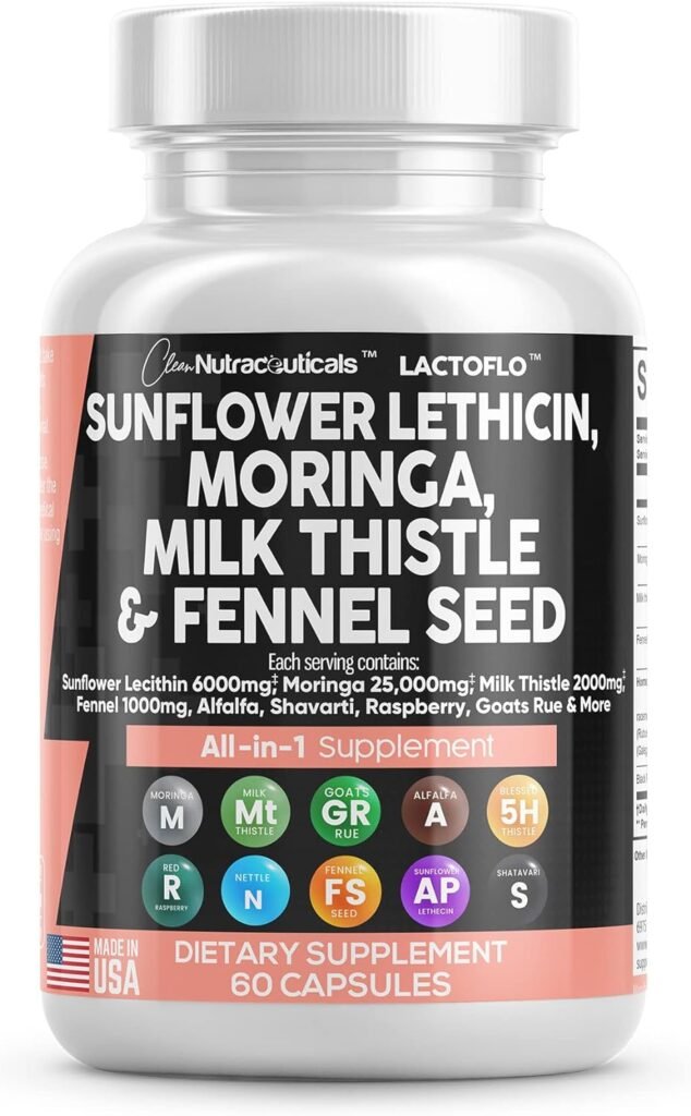 Clean Nutraceuticals Sunflower Lecithin 6000mg Lactation Supplement with Moringa 25000mg Milk Thistle 2000mg Fennel Seed 2000mg Plus Goats Rue, Shatavari, Alfalfa,  Nettle For Breastfeeding USA 60 Ct