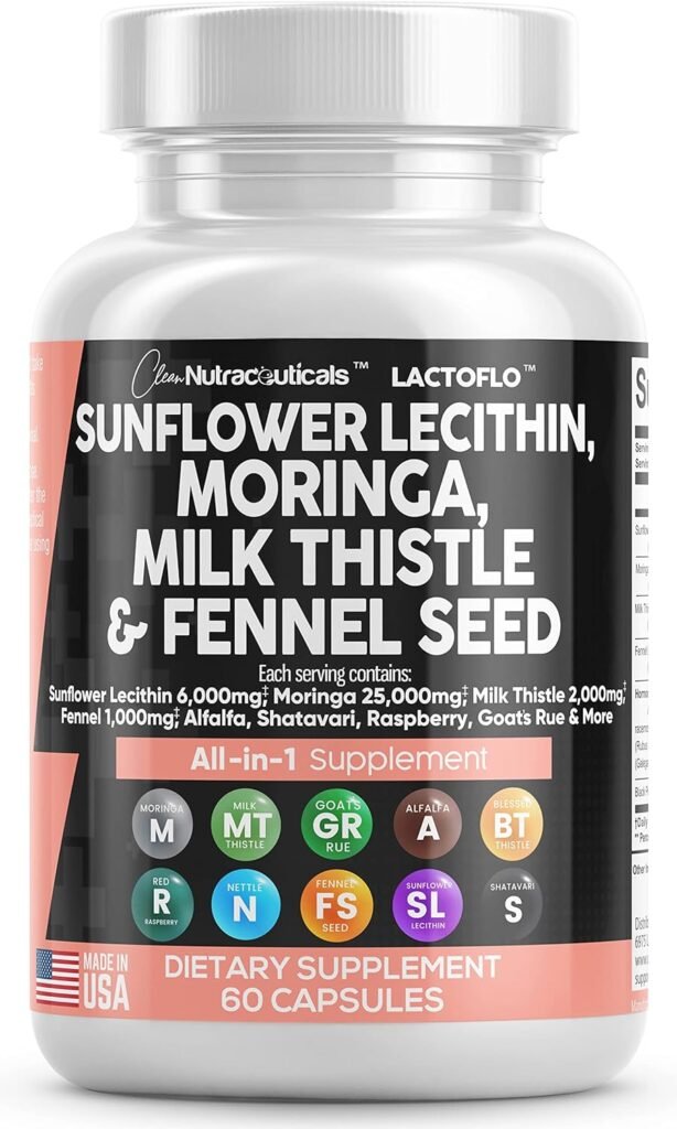Clean Nutraceuticals Sunflower Lecithin 6000mg Lactation Supplement with Moringa 25000mg Milk Thistle 2000mg Fennel Seed 2000mg Plus Goats Rue, Shatavari, Alfalfa,  Nettle For Breastfeeding USA 60 Ct
