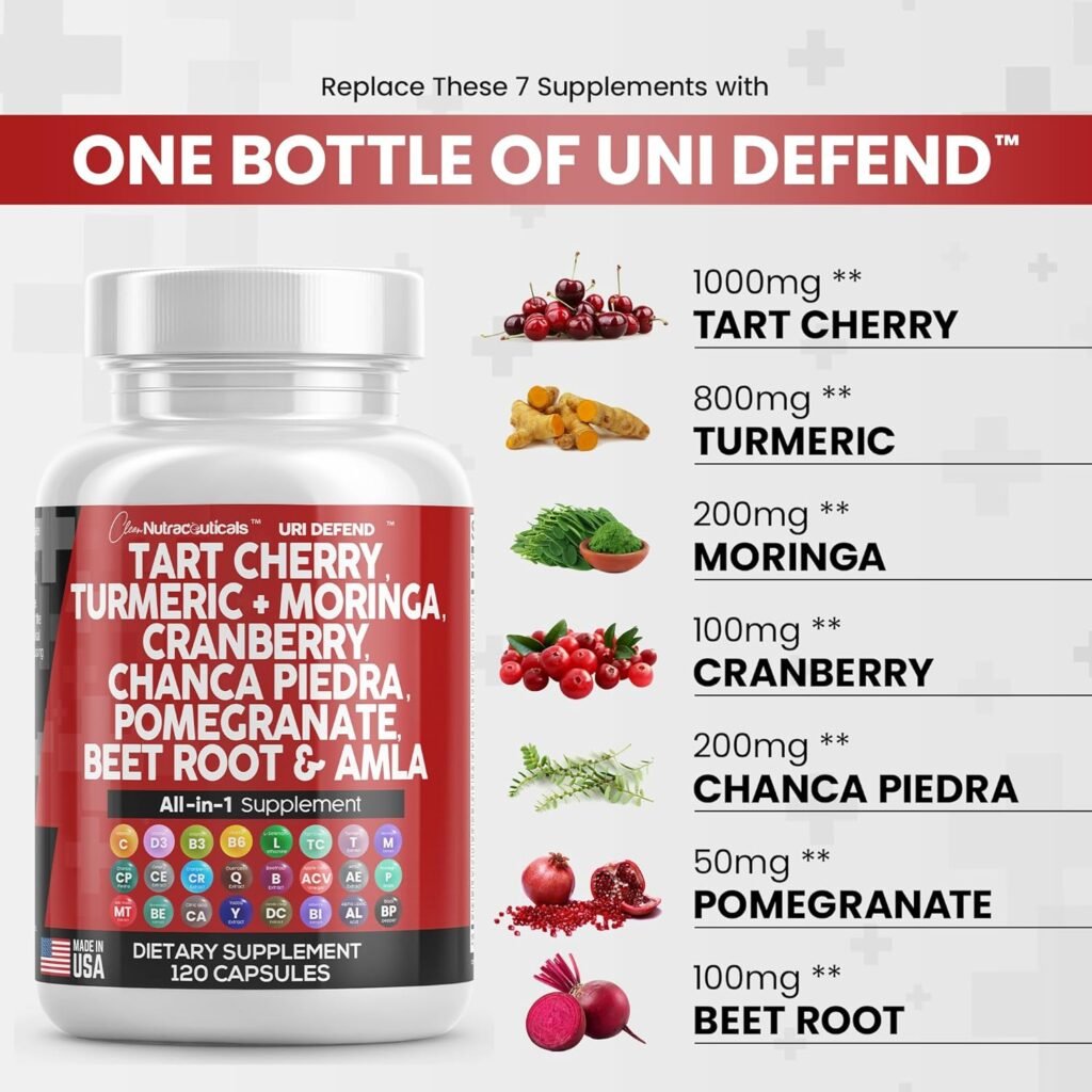 Clean Nutraceuticals Tart Cherry Extract Capsules 20,000mg with Turmeric 8000mg Moringa 4000mg Cranberry 2000mg Chanca Piedra Celery Quercetin ACV Pomegranate L Selenomethionine - Uric Levels - 120 Ct