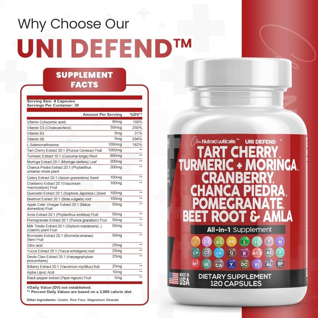 Clean Nutraceuticals Tart Cherry Extract Capsules 20,000mg with Turmeric 8000mg Moringa 4000mg Cranberry 2000mg Chanca Piedra Celery Quercetin ACV Pomegranate L Selenomethionine - Uric Levels - 120 Ct