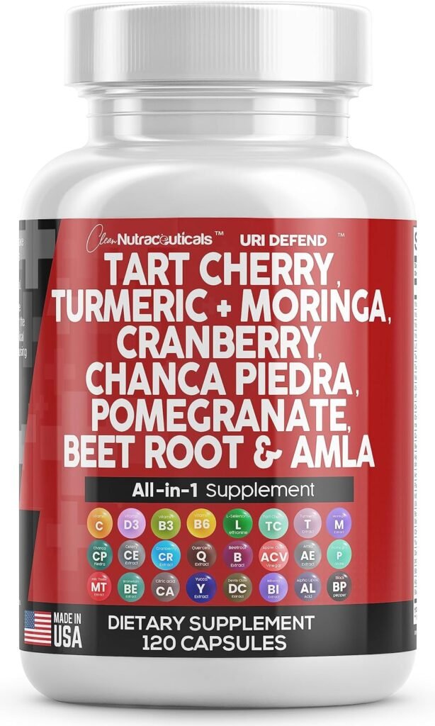 Clean Nutraceuticals Tart Cherry Extract Capsules 20,000mg with Turmeric 8000mg Moringa 4000mg Cranberry 2000mg Chanca Piedra Celery Quercetin ACV Pomegranate L Selenomethionine - Uric Levels - 120 Ct