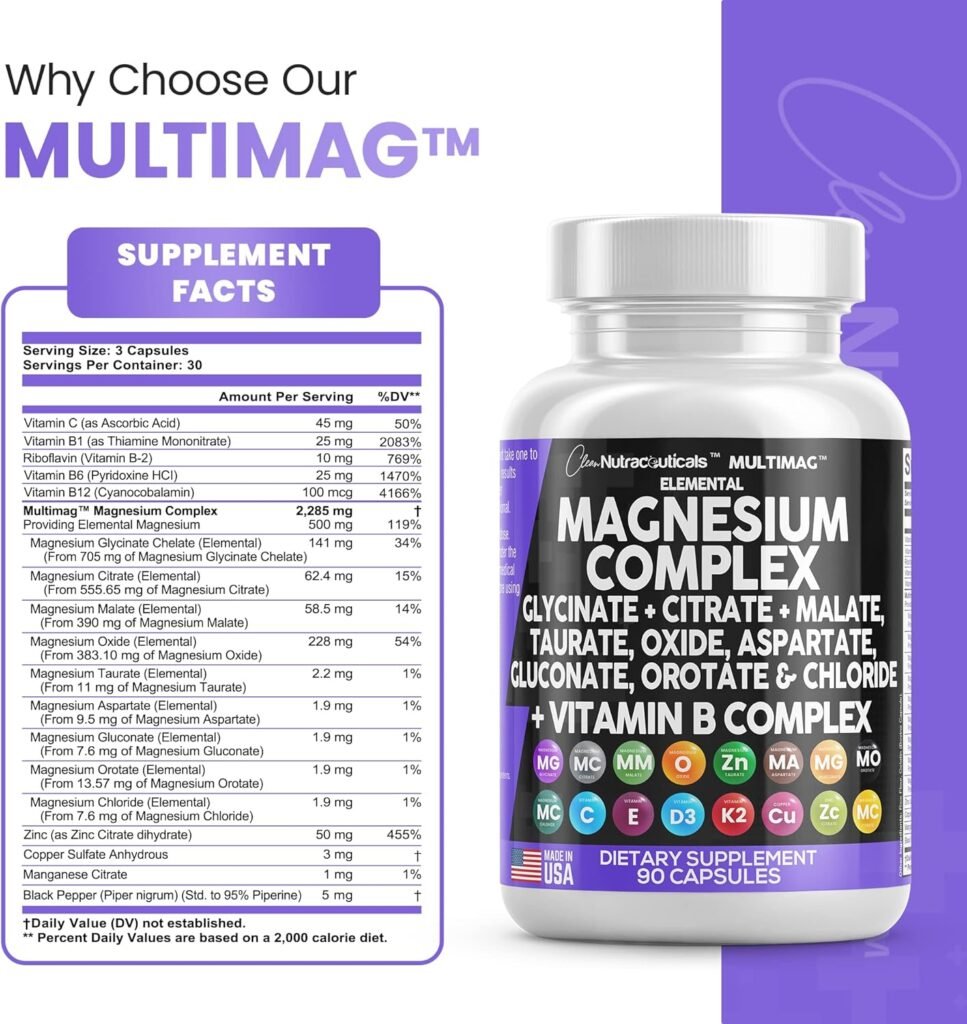 Magnesium Complex 2285mg with Glycinate Citrate Malate Oxide Taurate Aspartate Gluconate Orotate  Mag Chloride, Zinc Copper Manganese Vitamin C B1 B2 B6 B12 - 90 Count Made in USA