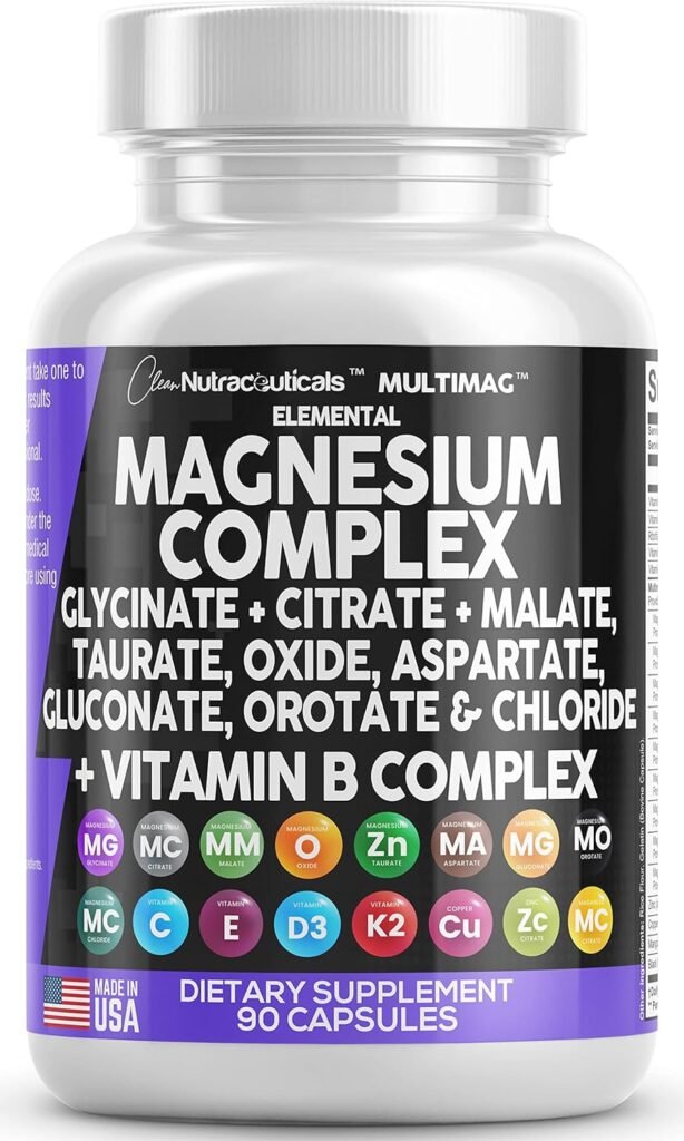 Magnesium Complex 2285mg with Glycinate Citrate Malate Oxide Taurate Aspartate Gluconate Orotate  Mag Chloride, Zinc Copper Manganese Vitamin C B1 B2 B6 B12 - 90 Count Made in USA