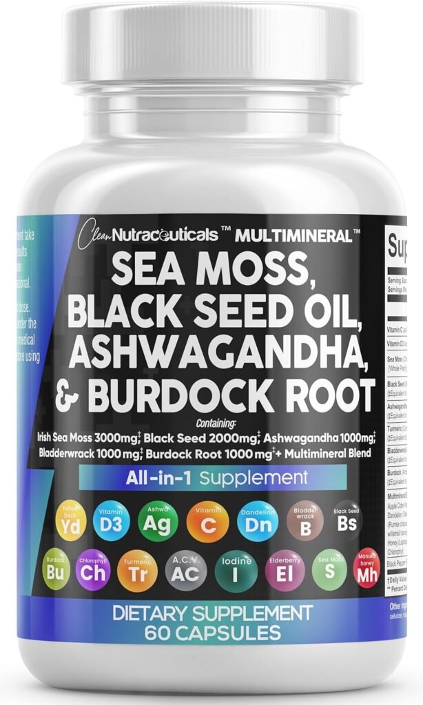Sea Moss 3000mg Black Seed Oil 2000mg Ashwagandha 1000mg Turmeric 1000mg Bladderwrack 1000mg Burdock 1000mg Vitamin C D3 with Elderberry Manuka Dandelion Yellow Dock Iodine Chlorophyll ACV