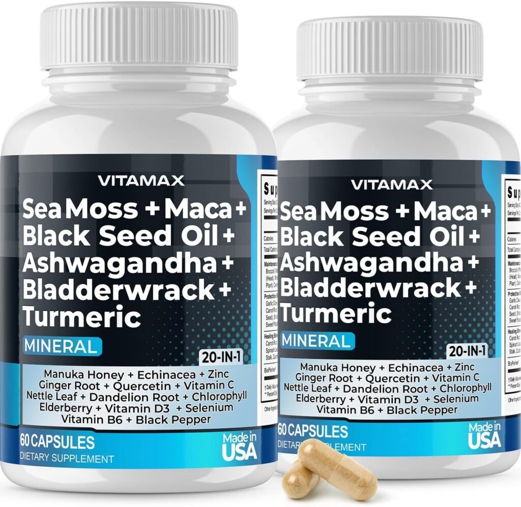 Sea Moss 3000mg Maca 2000mg Black Seed Oil 2000mg Ashwagandha 1000mg Bladderwrack 1000mg Turmeric 2000mg - Manuka Honey, Elderberry, Vitamin C  D3, Dandelion  Black Pepper - 60ct