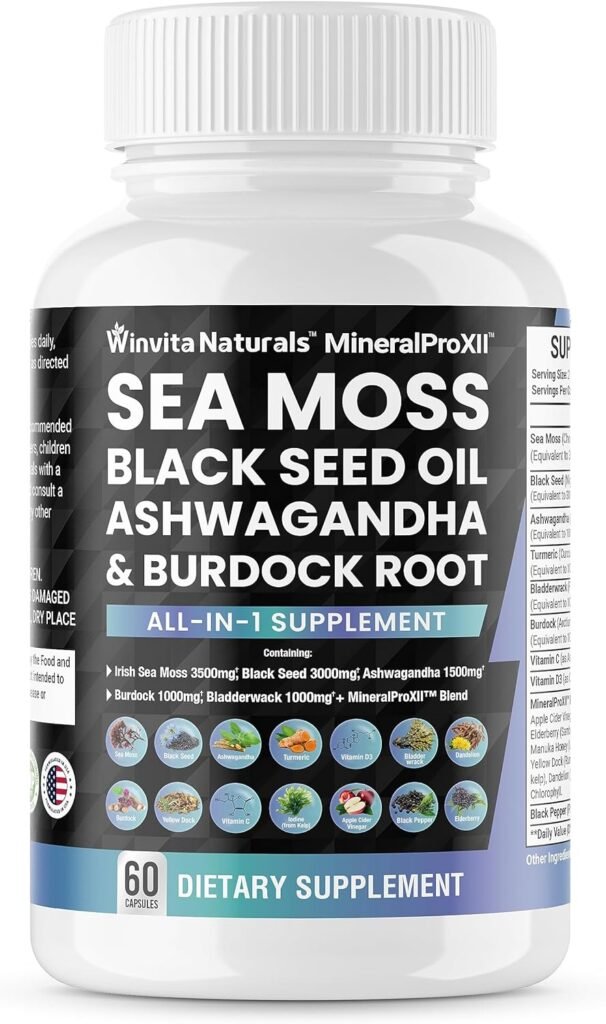 Sea Moss 3500mg Black Seed Oil 3000mg Ashwagandha 1500mg Turmeric 1000mg Bladderwrack 1000mg Burdock 1000mg, Vitamin C  D3 with ACV Chlorophyll Elderberry Manuka Dandelion Yellow Dock Vegan Caps USA