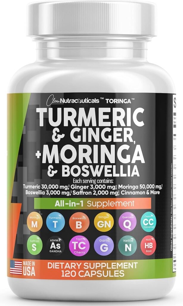 Turmeric Curcumin 30000mg Ginger 3000mg Moringa 50000mg Boswellia Saffron 2000mg - Joint Support Supplement for Women and Men with Ceylon Cinnamon, Quercetin, Tart Cherry Made in USA 120 Caps